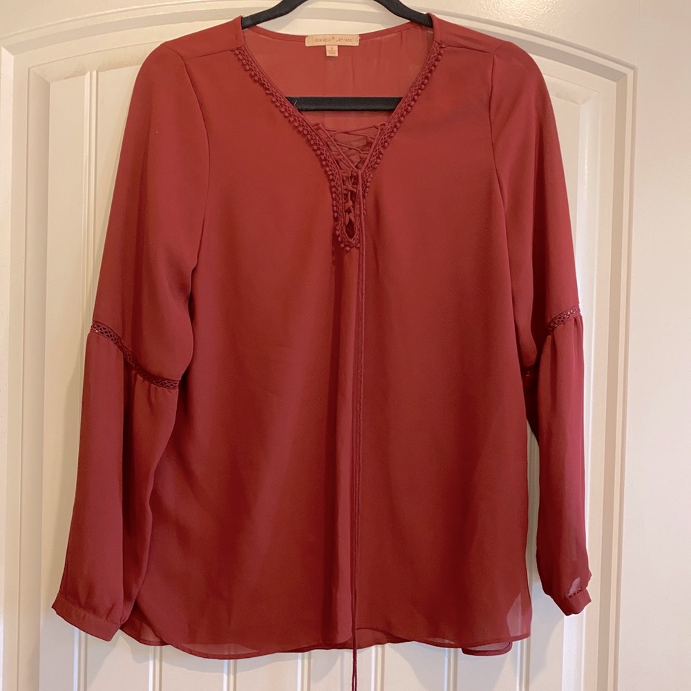 Gibson Latimer Mauve drawstring long-sleeve blouse
